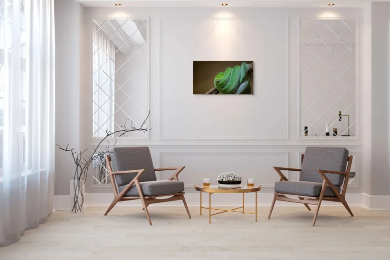 Tablou Canvas, "Șarpele odihnindu-se pe ramură", Șarpe, Verde, Liane, Umezeală, Natură, Reptilă, Frunze, 90 x 50 cm – poza 7