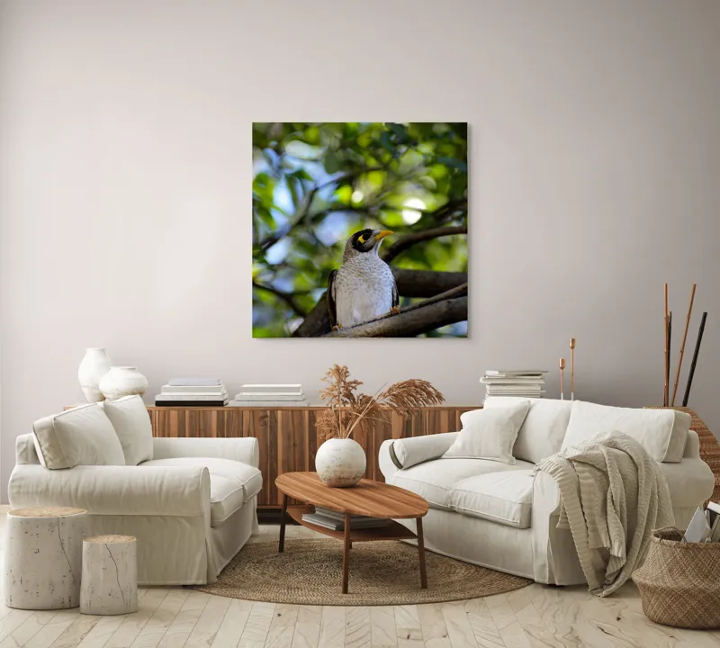 Tablou Canvas, "Pasărea în pădurea luminată", Pasăre, Ramură, Frunze, Lumină, Penaj, Galben, Ochi, Natură, Blând., 100 x 100 cm – poza 3