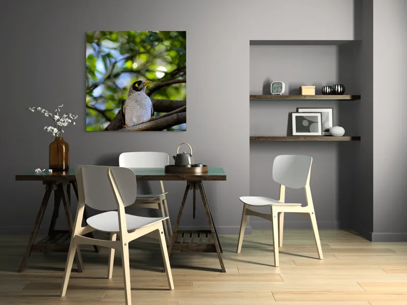 Tablou Canvas, "Pasărea în pădurea luminată", Pasăre, Ramură, Frunze, Lumină, Penaj, Galben, Ochi, Natură, Blând., 100 x 100 cm – poza 6
