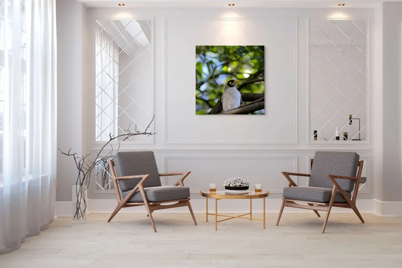 Tablou Canvas, "Pasărea în pădurea luminată", Pasăre, Ramură, Frunze, Lumină, Penaj, Galben, Ochi, Natură, Blând., 100 x 100 cm – poza 7