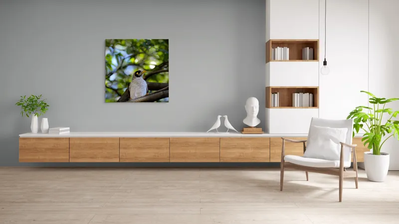 Tablou Canvas, "Pasărea în pădurea luminată", Pasăre, Ramură, Frunze, Lumină, Penaj, Galben, Ochi, Natură, Blând., 100 x 100 cm – poza 8