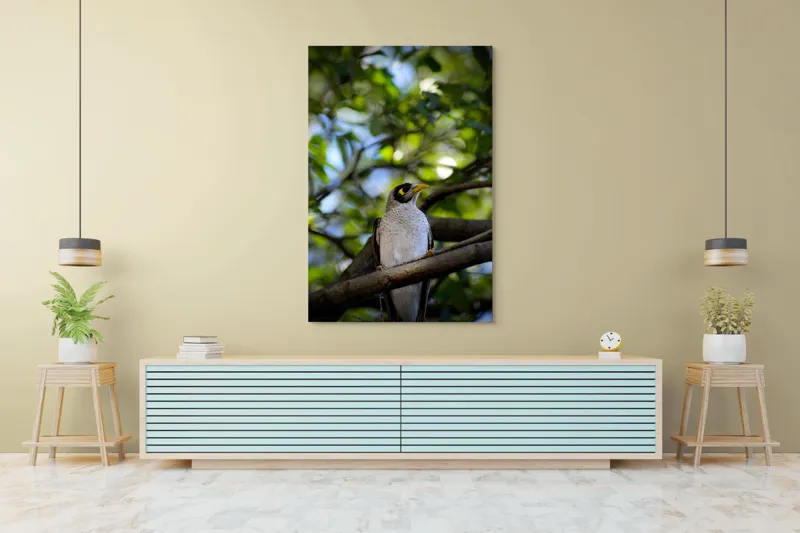 Tablou Canvas, "Pasărea în pădurea luminată", Pasăre, Ramură, Frunze, Lumină, Penaj, Galben, Ochi, Natură, Blând., 100 x 150 cm – poza 4