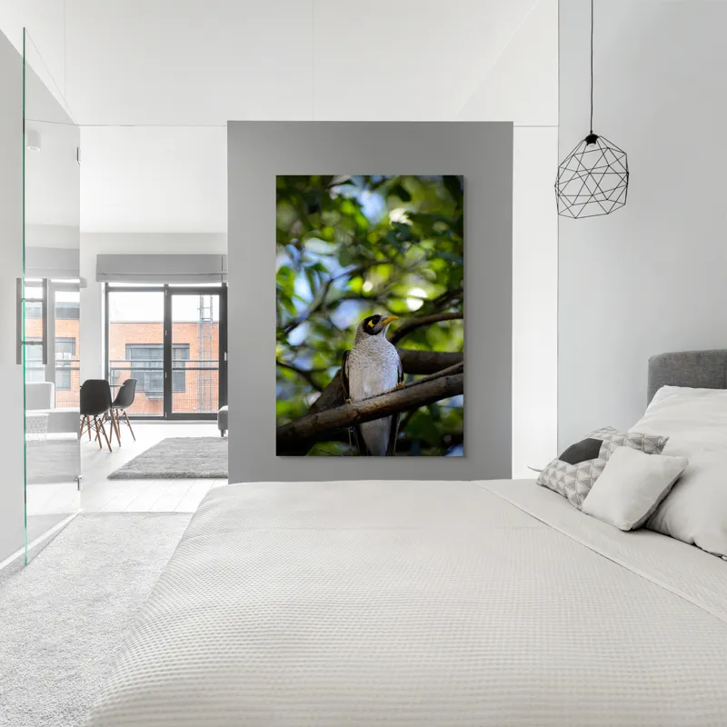 Tablou Canvas, "Pasărea în pădurea luminată", Pasăre, Ramură, Frunze, Lumină, Penaj, Galben, Ochi, Natură, Blând., 100 x 150 cm – poza 5