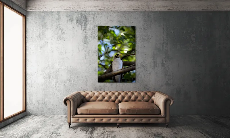Tablou Canvas, "Pasărea în pădurea luminată", Pasăre, Ramură, Frunze, Lumină, Penaj, Galben, Ochi, Natură, Blând., 100 x 150 cm – poza 6
