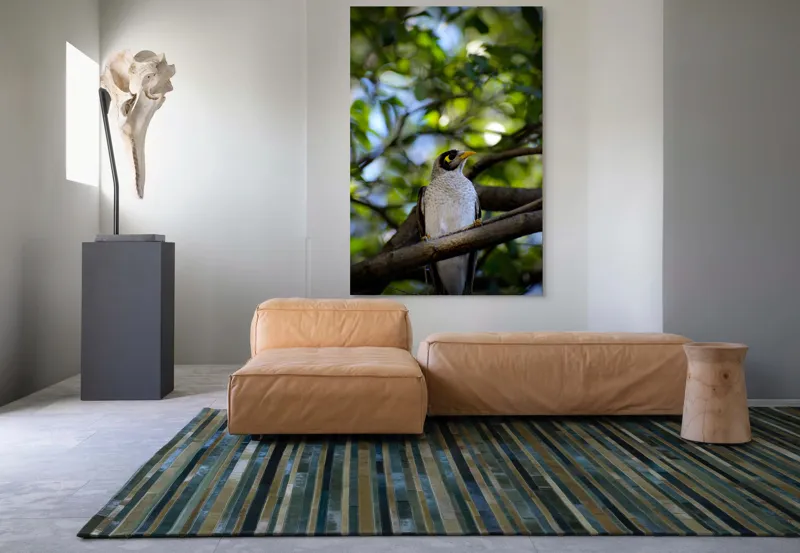 Tablou Canvas, "Pasărea în pădurea luminată", Pasăre, Ramură, Frunze, Lumină, Penaj, Galben, Ochi, Natură, Blând., 100 x 150 cm – poza 7