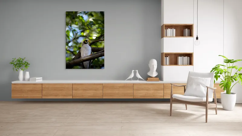 Tablou Canvas, "Pasărea în pădurea luminată", Pasăre, Ramură, Frunze, Lumină, Penaj, Galben, Ochi, Natură, Blând., 100 x 150 cm – poza 8