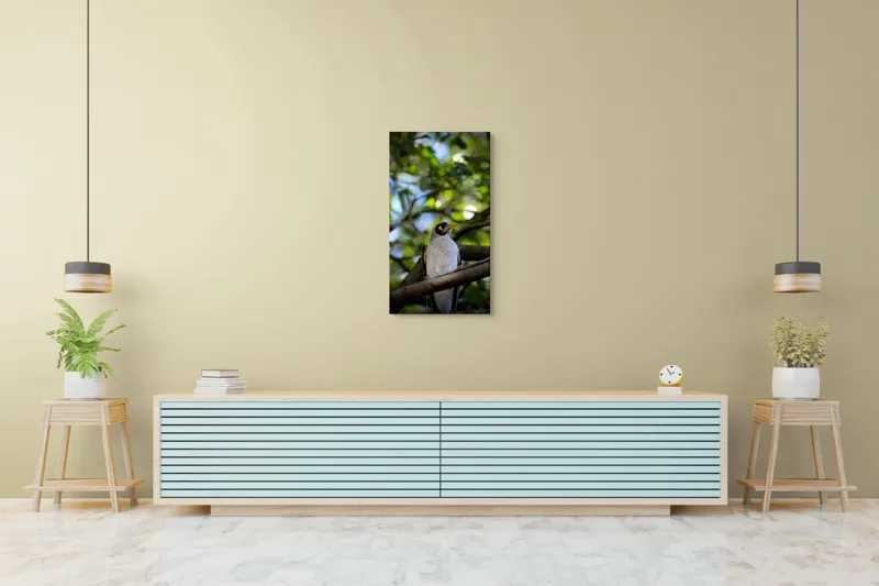 Tablou Canvas, "Pasărea în pădurea luminată", Pasăre, Ramură, Frunze, Lumină, Penaj, Galben, Ochi, Natură, Blând., 50 x 90 cm – poza 6