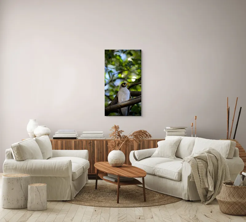 Tablou Canvas, "Pasărea în pădurea luminată", Pasăre, Ramură, Frunze, Lumină, Penaj, Galben, Ochi, Natură, Blând., 50 x 90 cm – poza 7