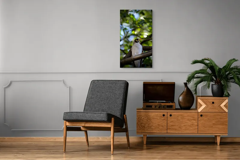 Tablou Canvas, "Pasărea în pădurea luminată", Pasăre, Ramură, Frunze, Lumină, Penaj, Galben, Ochi, Natură, Blând., 50 x 90 cm – poza 8