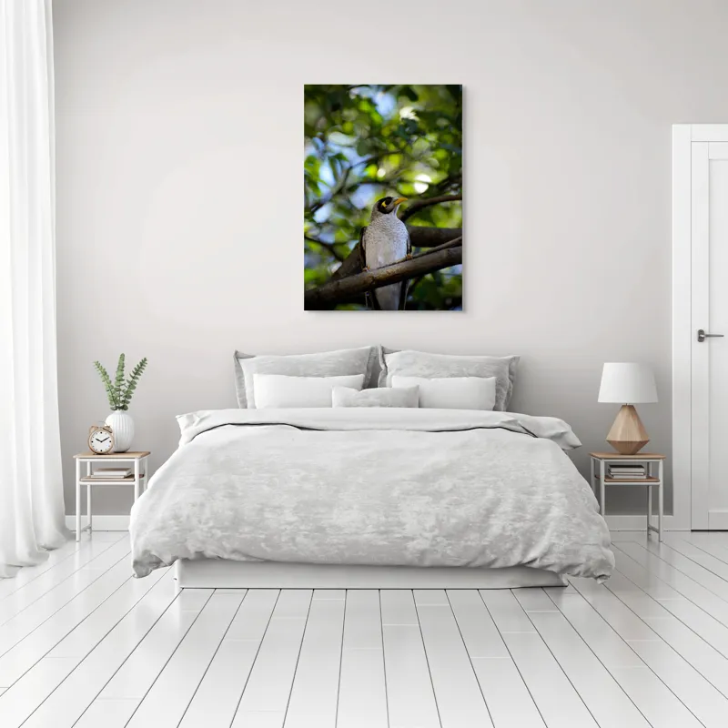 Tablou Canvas, "Pasărea în pădurea luminată", Pasăre, Ramură, Frunze, Lumină, Penaj, Galben, Ochi, Natură, Blând., 70 x 100 cm – poza 3