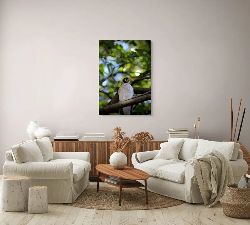 Tablou Canvas, "Pasărea în pădurea luminată", Pasăre, Ramură, Frunze, Lumină, Penaj, Galben, Ochi, Natură, Blând., 70 x 100 cm – poza 4