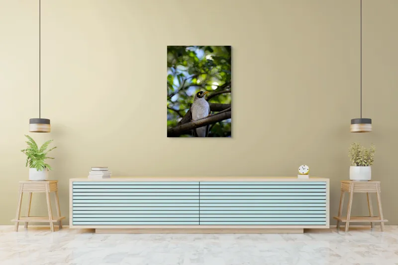 Tablou Canvas, "Pasărea în pădurea luminată", Pasăre, Ramură, Frunze, Lumină, Penaj, Galben, Ochi, Natură, Blând., 70 x 100 cm – poza 5