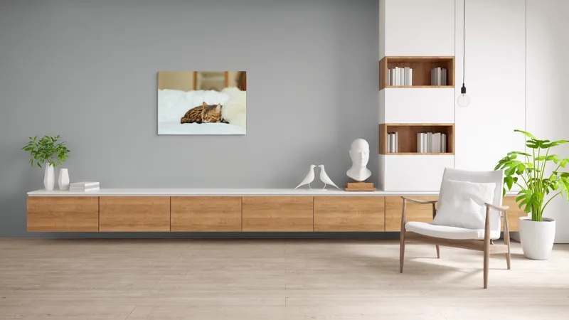 Tablou Canvas, "Pisică bengaleză dormind pe pat alb", Pisică, Adormită, Blană, Pernă, Relaxare, Pat, Liniște, Moale, 100 x 70 cm – poza 6