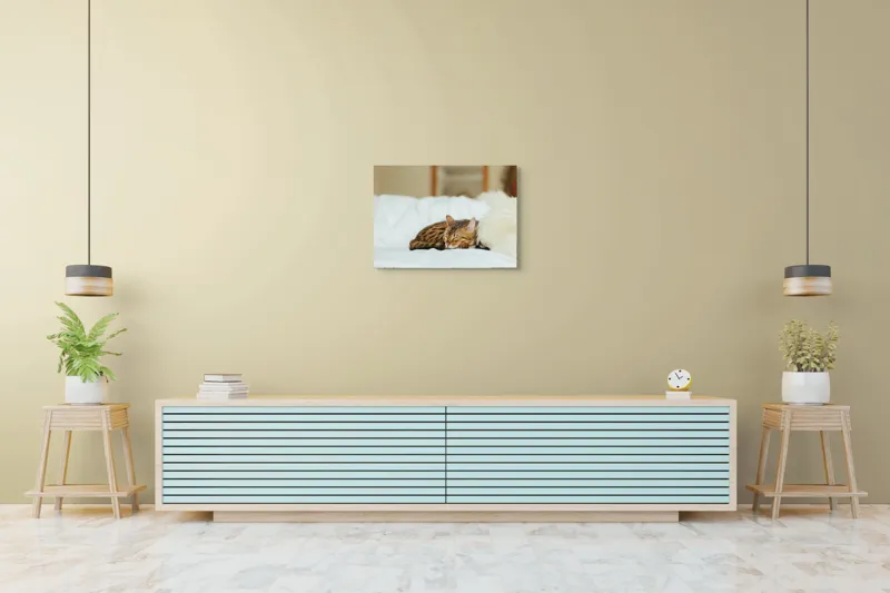 Tablou Canvas, "Pisică bengaleză dormind pe pat alb", Pisică, Adormită, Blană, Pernă, Relaxare, Pat, Liniște, Moale, 70 x 50 cm – poza 7