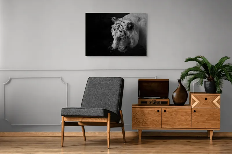 Tablou Canvas Tigru Alb în Penumbră Liniștitoare Artă Sălbăticie, 100 x 70 cm – poza 8