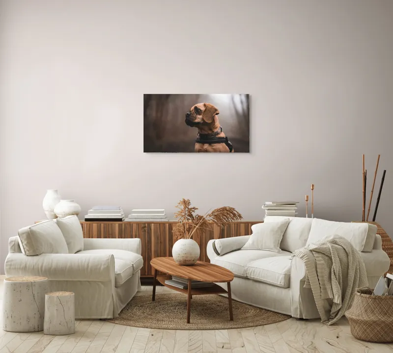 Tablou Canvas, "Câinele visător în pădurea încețoșată", Câine, Pădure, Toamnă, Cețos, Linie, Profil, Natură, Haină, 90 x 50 cm – poza 4