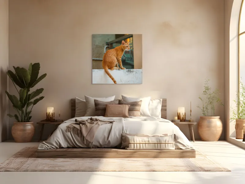 Tablou Canvas, "Pisică portocalie privind orizontul liniștit", Pisică, Portocalie, Zid, Exterior, Contemplare, Relaxare, Seninătate, Mustăți, Urechi, Cozi, Urban, Texturi, 100 x 100 cm – poza 4