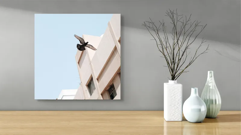 Tablou Canvas, "Porumbel zburând lângă clădire urbană", Pasăre, Zbor, Clădire, Cer, Aripi, Oraș, Minimalism, Linie, Înalțime, Fereastră, 50 x 50 cm – poza 3