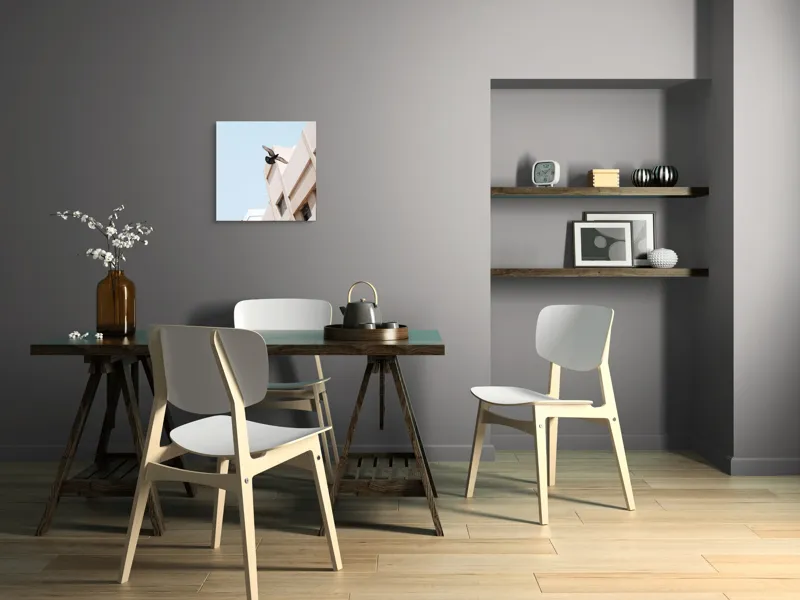 Tablou Canvas, "Porumbel zburând lângă clădire urbană", Pasăre, Zbor, Clădire, Cer, Aripi, Oraș, Minimalism, Linie, Înalțime, Fereastră, 50 x 50 cm – poza 8