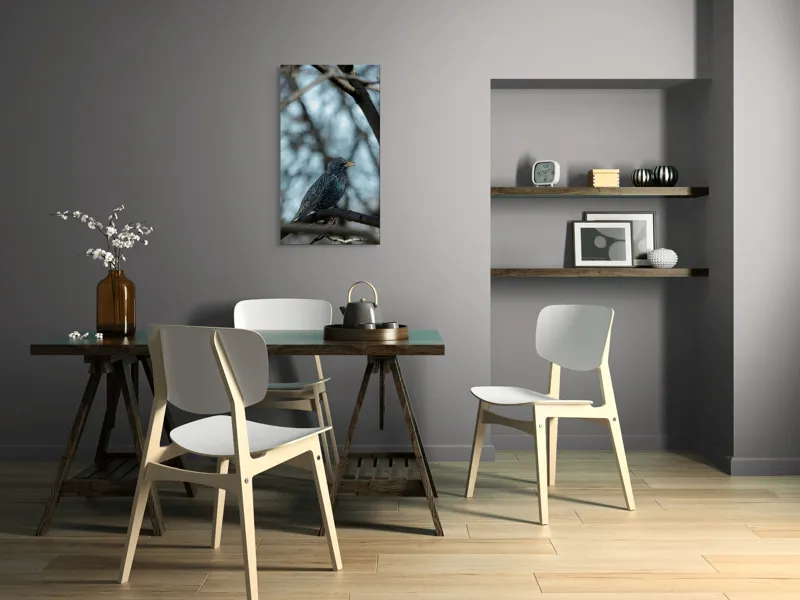 Tablou Canvas, "Cântul mierlei în pădurea tăcută", Penițe, Gene, Ramură, Cântec, Păsărele, Creangă, Lumină, Înalt, Natură, Albastru, 50 x 90 cm – poza 4