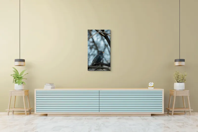 Tablou Canvas, "Cântul mierlei în pădurea tăcută", Penițe, Gene, Ramură, Cântec, Păsărele, Creangă, Lumină, Înalt, Natură, Albastru, 50 x 90 cm – poza 6