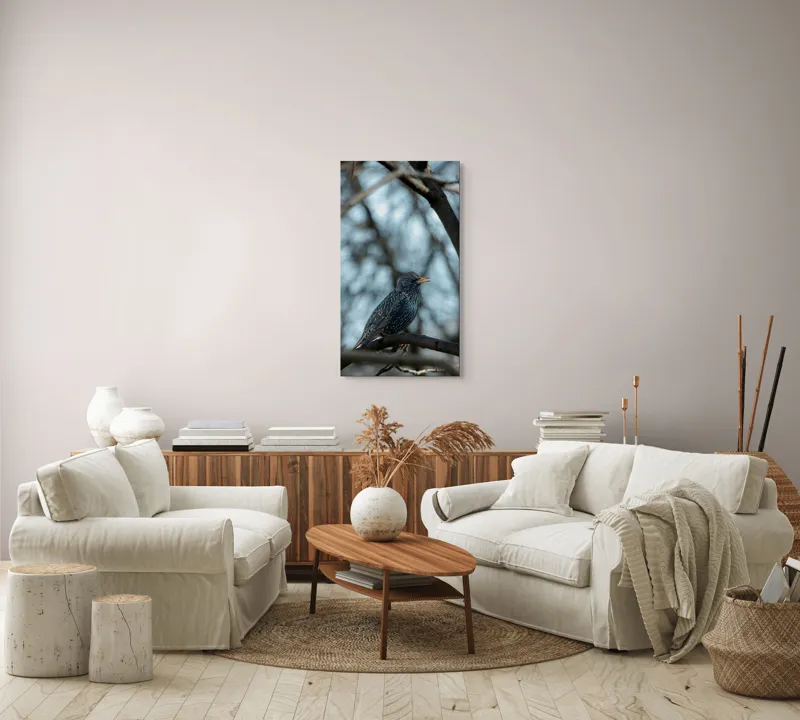 Tablou Canvas, "Cântul mierlei în pădurea tăcută", Penițe, Gene, Ramură, Cântec, Păsărele, Creangă, Lumină, Înalt, Natură, Albastru, 50 x 90 cm – poza 7