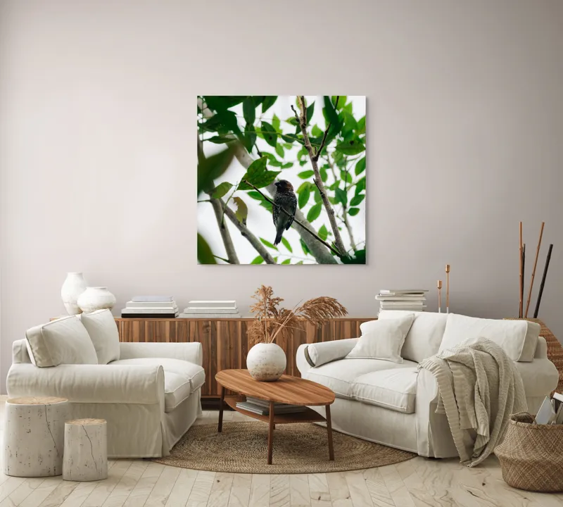 Tablou Canvas, "Păsăre cântătoare printre frunze verzi", Pasăre, Creangă, Frunze, Verde, Natură, Contrast, Pene, Observare, Lumină, Copac, Liniște, Camuflaj., 100 x 100 cm – poza 3