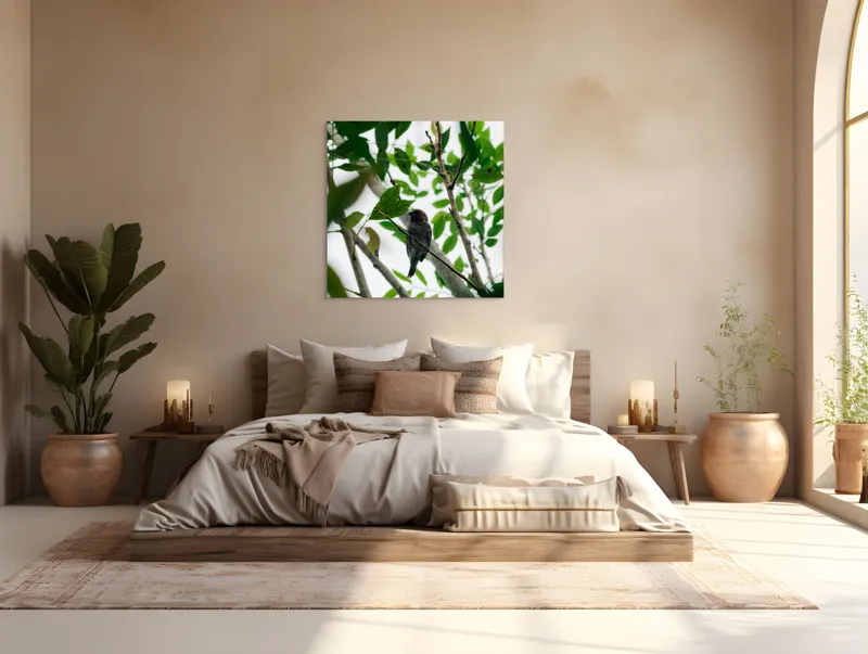 Tablou Canvas, "Păsăre cântătoare printre frunze verzi", Pasăre, Creangă, Frunze, Verde, Natură, Contrast, Pene, Observare, Lumină, Copac, Liniște, Camuflaj., 100 x 100 cm – poza 4