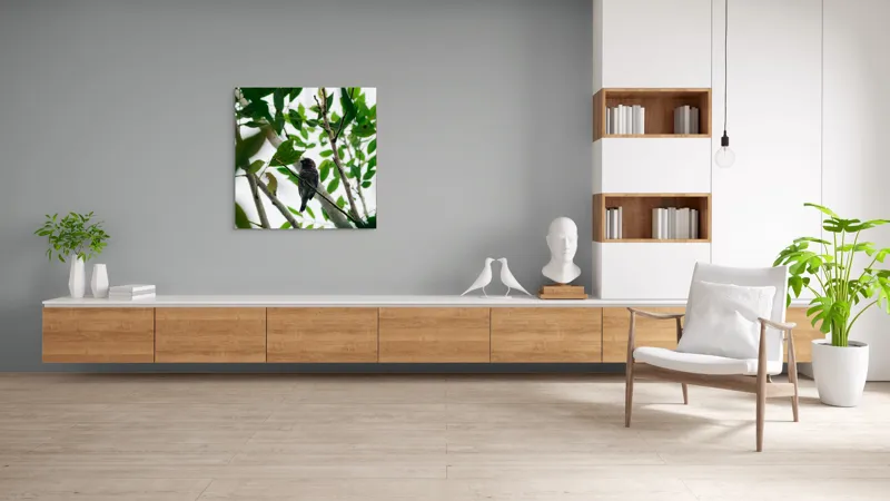 Tablou Canvas, "Păsăre cântătoare printre frunze verzi", Pasăre, Creangă, Frunze, Verde, Natură, Contrast, Pene, Observare, Lumină, Copac, Liniște, Camuflaj., 100 x 100 cm – poza 8
