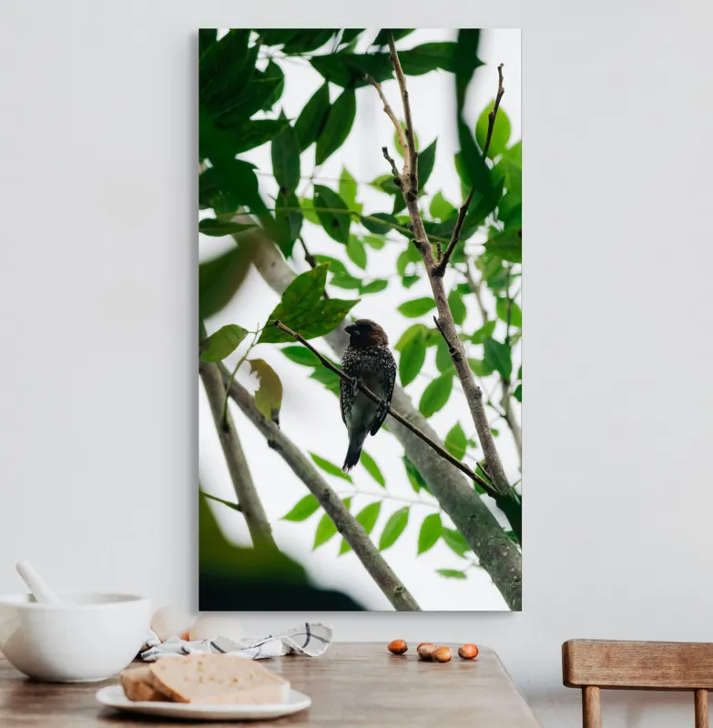 Tablou Canvas, "Păsăre cântătoare printre frunze verzi", Pasăre, Creangă, Frunze, Verde, Natură, Contrast, Pene, Observare, Lumină, Copac, Liniște, Camuflaj., 50 x 90 cm – poza 3