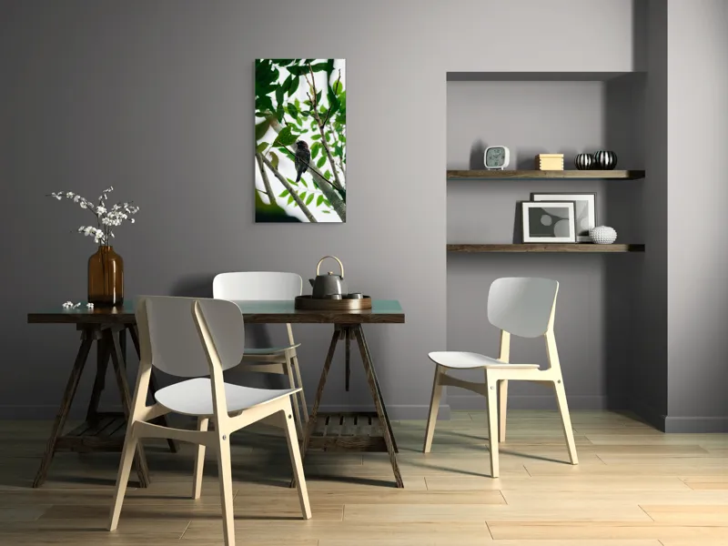 Tablou Canvas, "Păsăre cântătoare printre frunze verzi", Pasăre, Creangă, Frunze, Verde, Natură, Contrast, Pene, Observare, Lumină, Copac, Liniște, Camuflaj., 50 x 90 cm – poza 4
