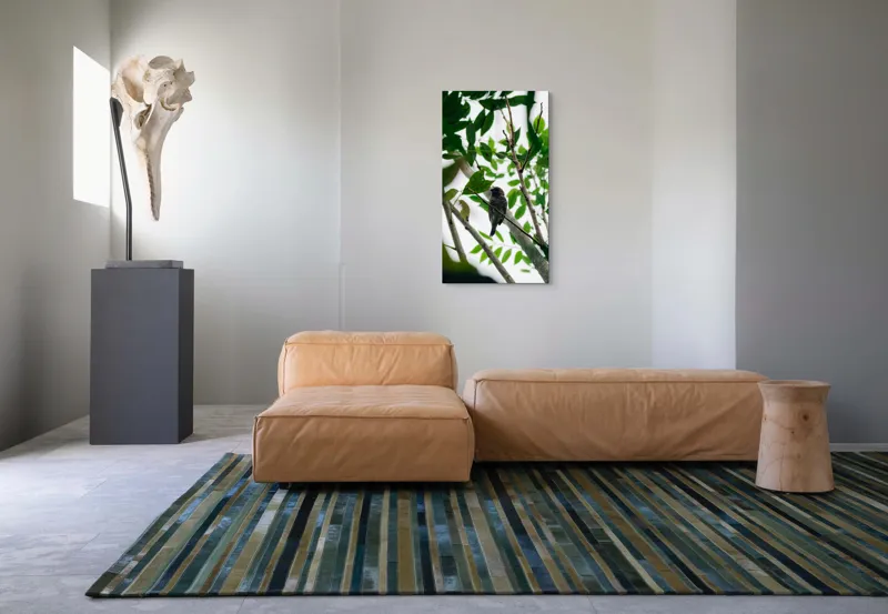Tablou Canvas, "Păsăre cântătoare printre frunze verzi", Pasăre, Creangă, Frunze, Verde, Natură, Contrast, Pene, Observare, Lumină, Copac, Liniște, Camuflaj., 50 x 90 cm – poza 5