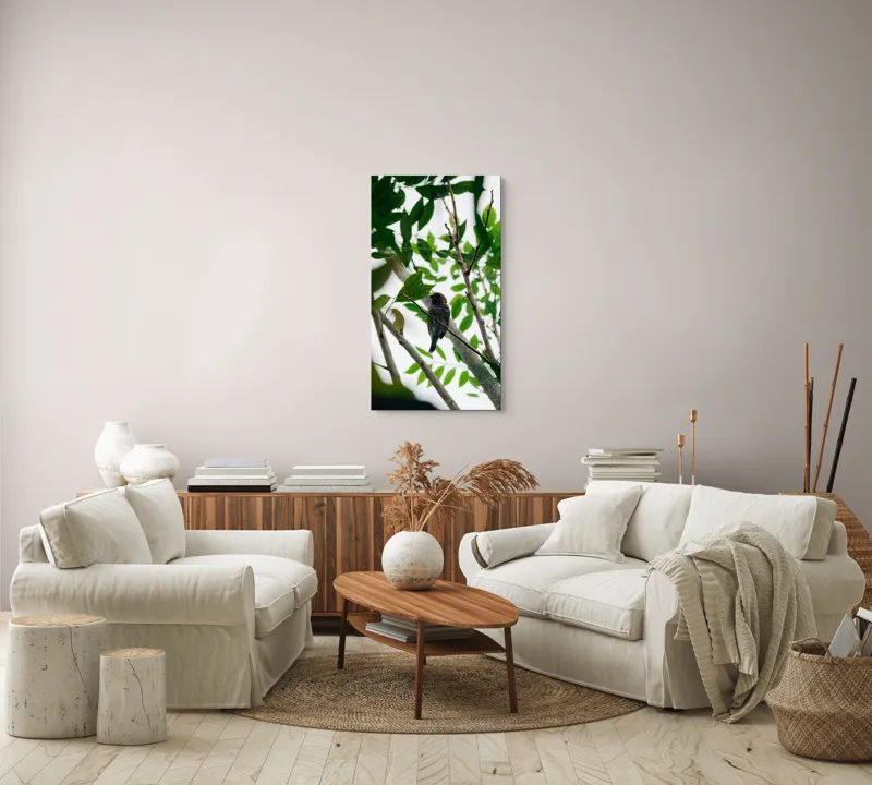 Tablou Canvas, "Păsăre cântătoare printre frunze verzi", Pasăre, Creangă, Frunze, Verde, Natură, Contrast, Pene, Observare, Lumină, Copac, Liniște, Camuflaj., 50 x 90 cm – poza 7