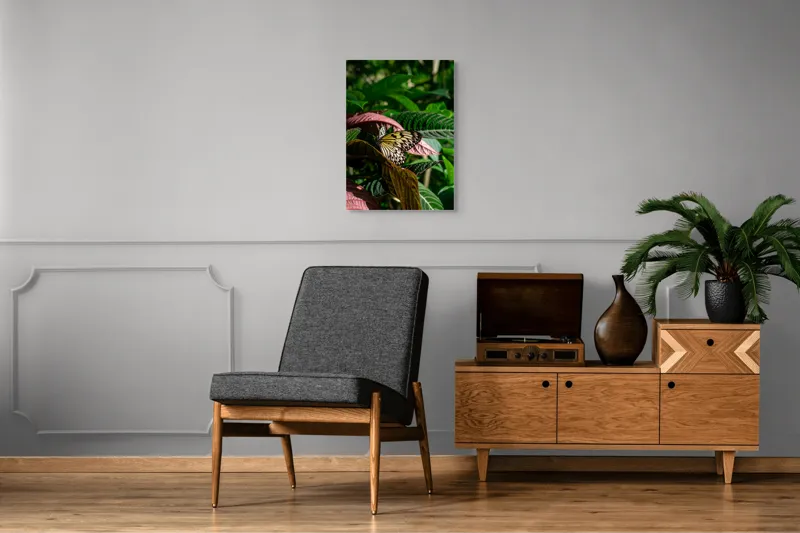 Tablou Canvas, "Fluture delicat printre frunze verzi", Fluture, Frunze, Natură, Culoare, Aripi, Delicatețe, Verde, Luminozitate, 50 x 70 cm – poza 8