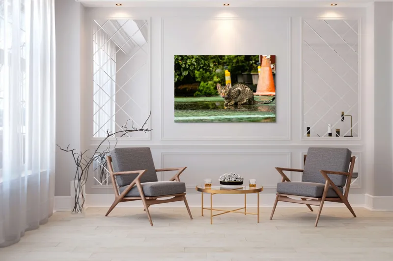 Tablou Canvas, "Pisica contemplând cerul după ploaie", Pisică, Ud, Parc, Portocaliu, Plante, Coadă, Curbat, Strălucire, Ochi, Verde, 150 x 100 cm – poza 7