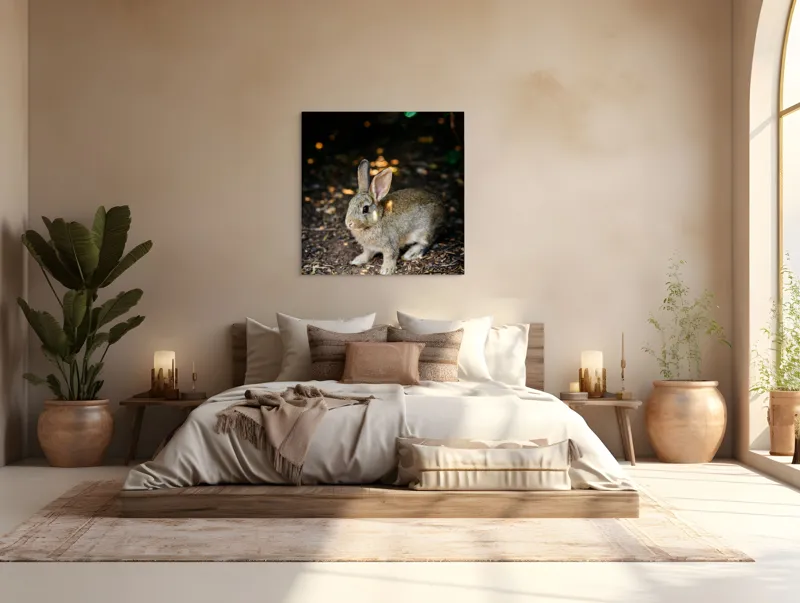 Tablou Canvas, "Iepurașul în lumina pădurii", Iepuraș, Blândețe, Natură, Pământ, Umbre, Lumină, Frunze, 100 x 100 cm – poza 4