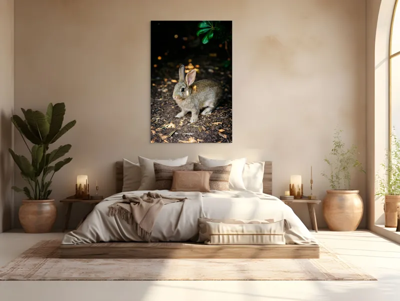 Tablou Canvas, "Iepurașul în lumina pădurii", Iepuraș, Blândețe, Natură, Pământ, Umbre, Lumină, Frunze, 100 x 150 cm – poza 3
