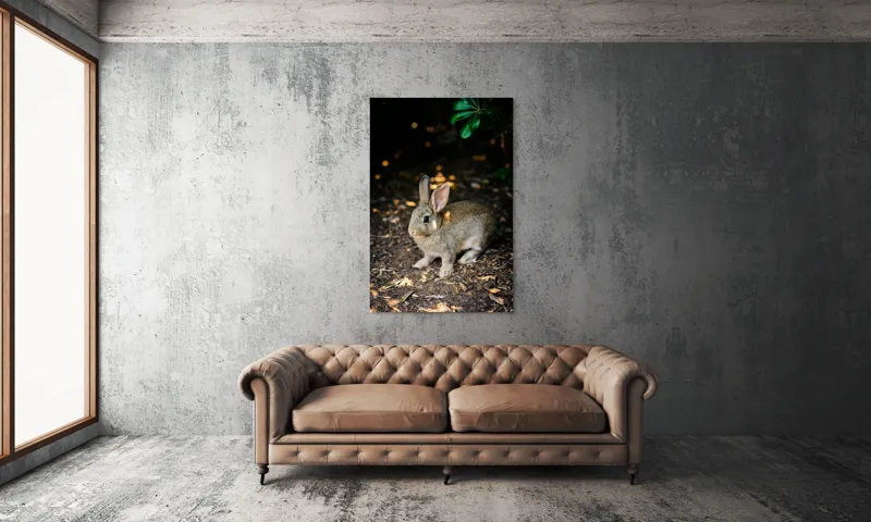 Tablou Canvas, "Iepurașul în lumina pădurii", Iepuraș, Blândețe, Natură, Pământ, Umbre, Lumină, Frunze, 100 x 150 cm – poza 6