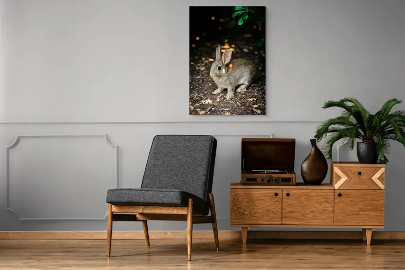 Tablou Canvas, "Iepurașul în lumina pădurii", Iepuraș, Blândețe, Natură, Pământ, Umbre, Lumină, Frunze, 70 x 100 cm – poza 6