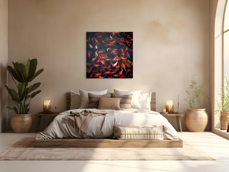 Tablou Canvas, "Dansul peștilor colorați în apă", Pestisori, Auriu, Rosu, Aglomeratie, Apa, Miscare, Contrast, Vibrant, Reflexii, Peste, 100 x 100 cm – poza 4