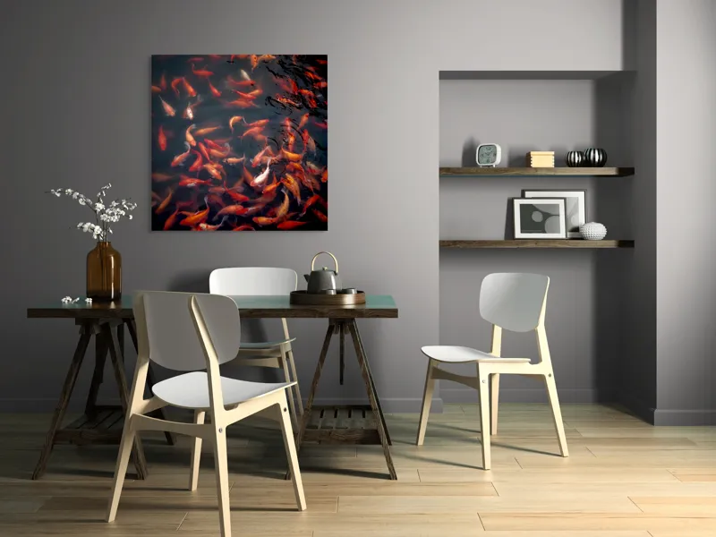 Tablou Canvas, "Dansul peștilor colorați în apă", Pestisori, Auriu, Rosu, Aglomeratie, Apa, Miscare, Contrast, Vibrant, Reflexii, Peste, 100 x 100 cm – poza 6