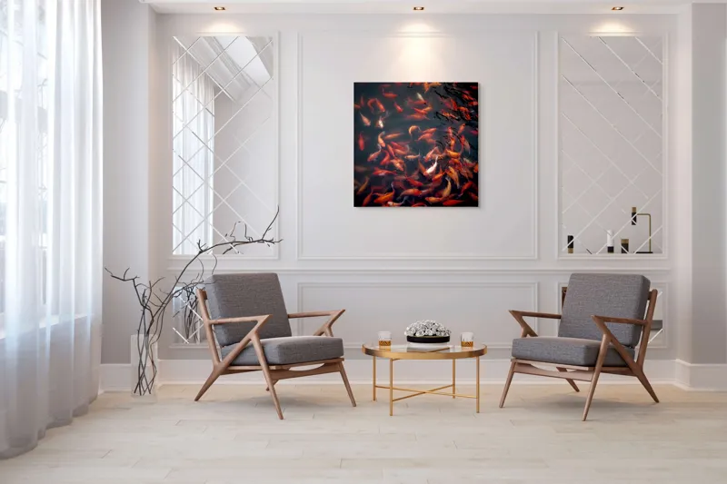 Tablou Canvas, "Dansul peștilor colorați în apă", Pestisori, Auriu, Rosu, Aglomeratie, Apa, Miscare, Contrast, Vibrant, Reflexii, Peste, 100 x 100 cm – poza 7