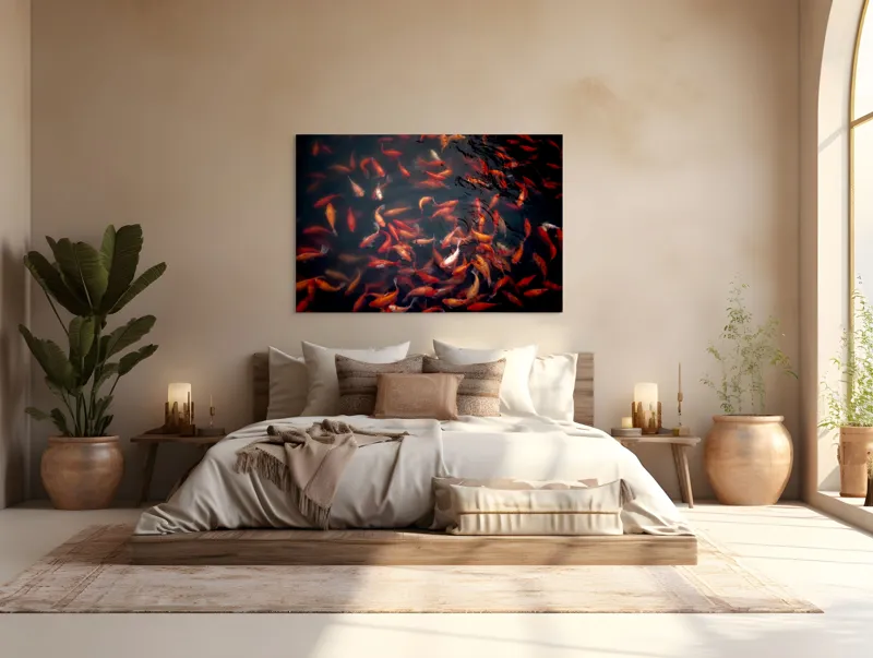 Tablou Canvas, "Dansul peștilor colorați în apă", Pestisori, Auriu, Rosu, Aglomeratie, Apa, Miscare, Contrast, Vibrant, Reflexii, Peste, 150 x 100 cm – poza 4