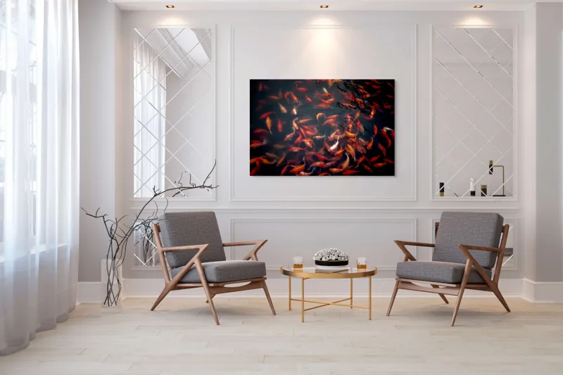 Tablou Canvas, "Dansul peștilor colorați în apă", Pestisori, Auriu, Rosu, Aglomeratie, Apa, Miscare, Contrast, Vibrant, Reflexii, Peste, 150 x 100 cm – poza 7