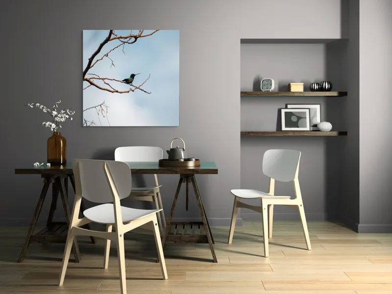 Tablou Canvas, "Colibri pe ramura uscată în lumină", Pasăre, Ramură, Cer, Tranquilitate, Natură, Solitudine, Delicatețe, Frumusețe, 100 x 100 cm – poza 6