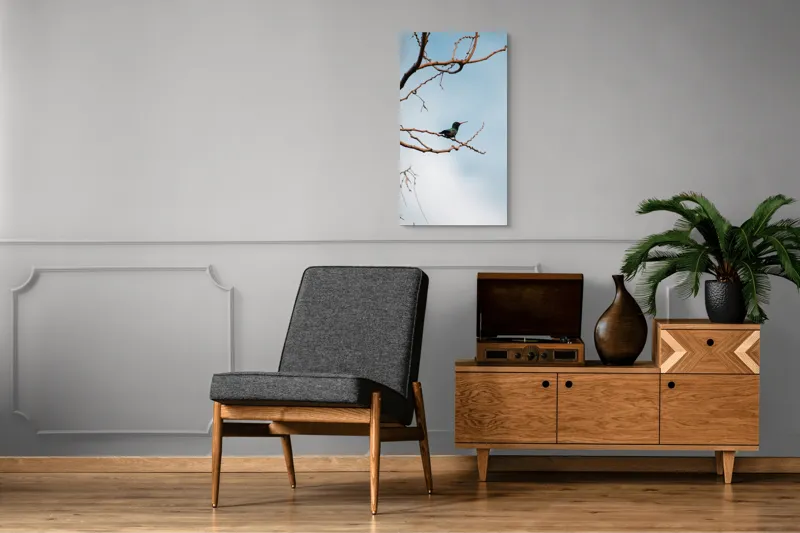 Tablou Canvas, "Colibri pe ramura uscată în lumină", Pasăre, Ramură, Cer, Tranquilitate, Natură, Solitudine, Delicatețe, Frumusețe, 50 x 90 cm – poza 8