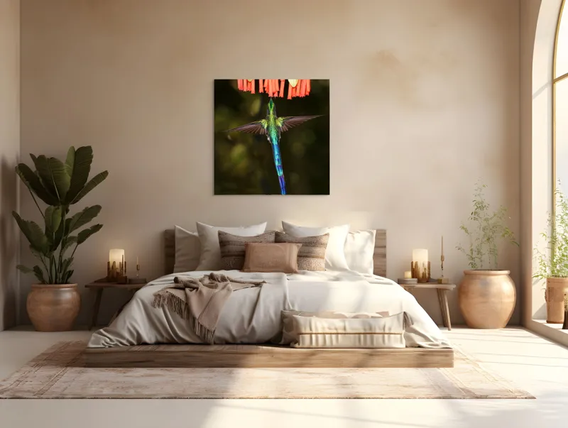 Tablou Canvas, "Colibri în zbor spre flori roșii", Zbor, Colibri, Nectar, Verde, Aripi, Flori, Sclipire, Natură, Delicatețe, Viteză, 100 x 100 cm – poza 4