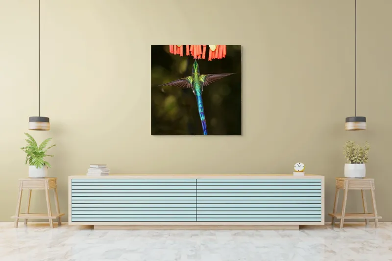 Tablou Canvas, "Colibri în zbor spre flori roșii", Zbor, Colibri, Nectar, Verde, Aripi, Flori, Sclipire, Natură, Delicatețe, Viteză, 100 x 100 cm – poza 5