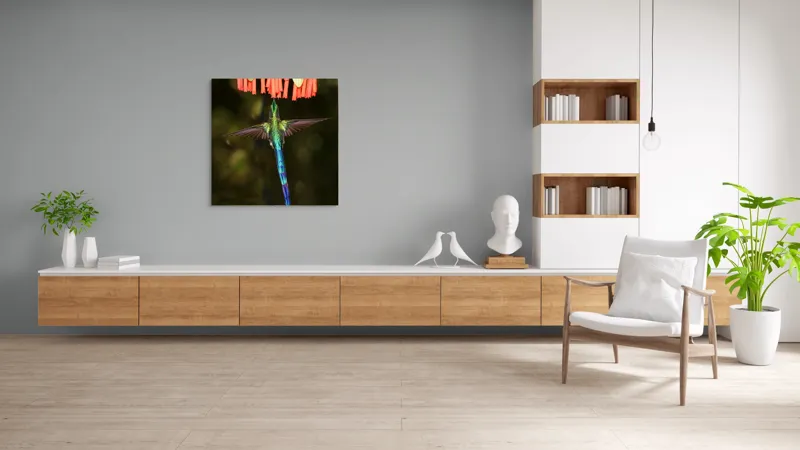 Tablou Canvas, "Colibri în zbor spre flori roșii", Zbor, Colibri, Nectar, Verde, Aripi, Flori, Sclipire, Natură, Delicatețe, Viteză, 100 x 100 cm – poza 8