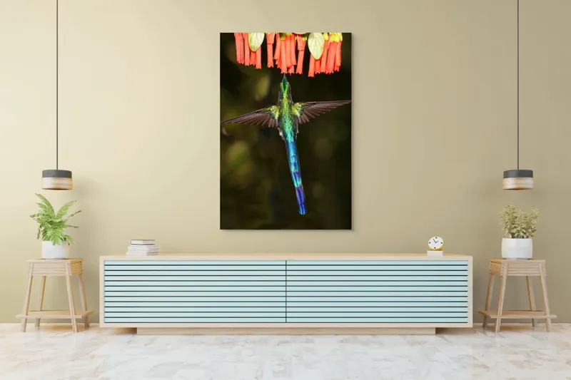 Tablou Canvas, "Colibri în zbor spre flori roșii", Zbor, Colibri, Nectar, Verde, Aripi, Flori, Sclipire, Natură, Delicatețe, Viteză, 100 x 150 cm – poza 4